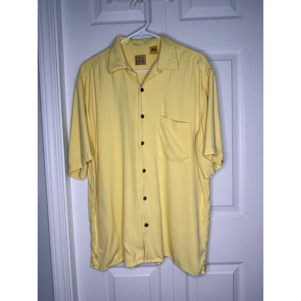 Jos. A. Bank Mens Yellow 100% Silk Herringbone Short Sleeve Button Down Shirt L